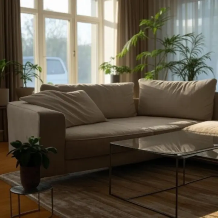 Elegáns nappali Loftorás függönyökkel berendezve.