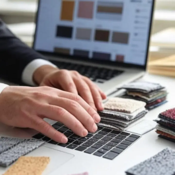 Gondosan összeállított függöny- és lakástextil-anyagminták elegáns elrendezésben.