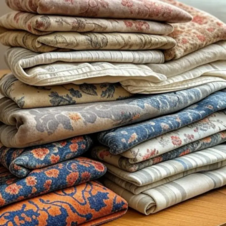 Közelkép különböző Loftorás textíliákról, modern mintákkal és textúrákkal.