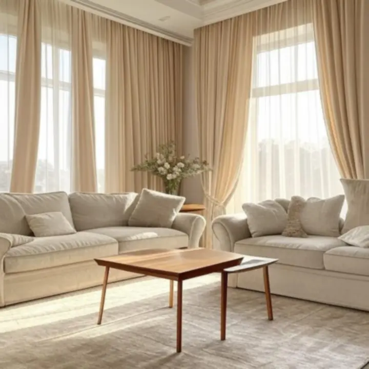 Elegáns nappali Loftorás függönyökkel és modern, letisztult enteriőrrel.