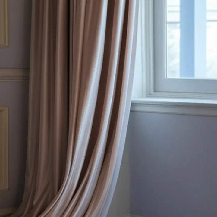 Selyem és bársony függönyök elegáns, mély redőkben egy modern belső térben.