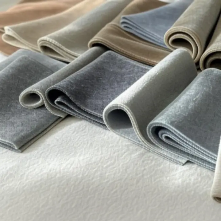 Prémium függöny- és lakástextil-anyagminták közelről, harmonikus semleges árnyalatokban.