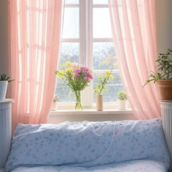 Évszakhoz igazított Loftorás függönyök egy világos ablak előtt.