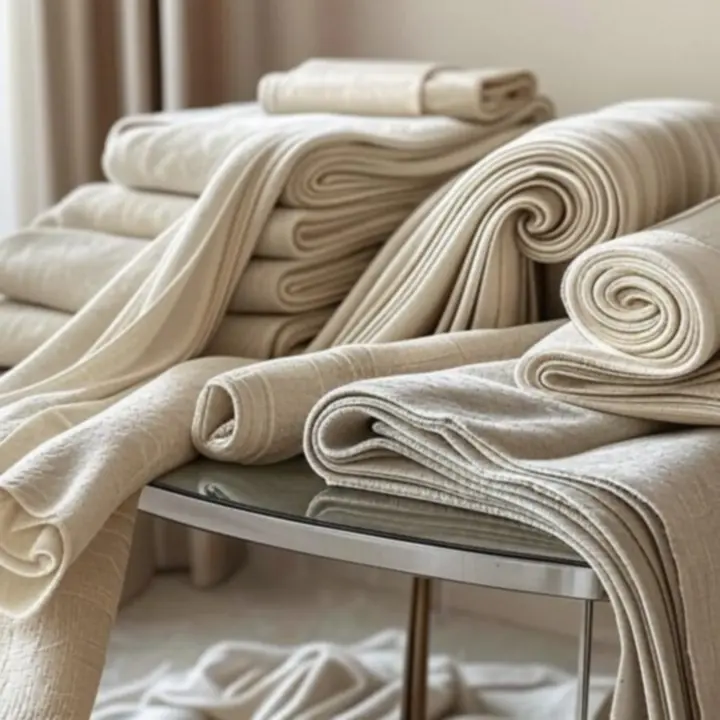 Loftorás textilkollekció, egymásra rétegzett elegáns függönyök és kárpitanyagok.