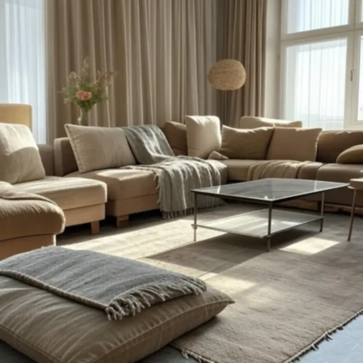 Hangulatos nappali és hálószobai enteriőr elegáns Loftorás textíliákkal.
